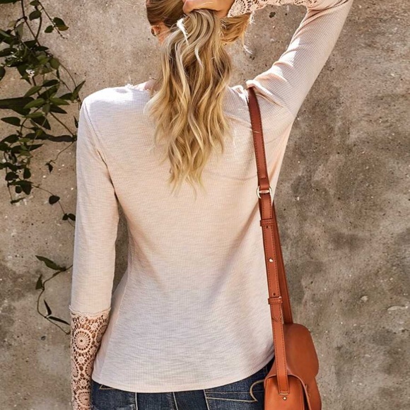 Button up lace long sleeve ribbed top black - Picture 11 of 12